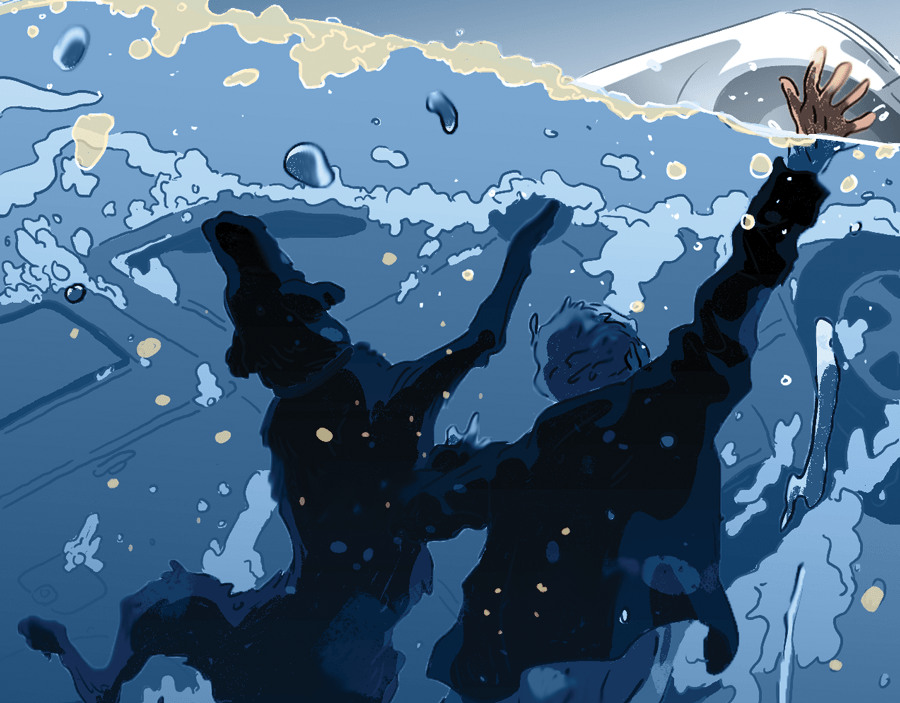 a hunter and dog trapped under water baptism