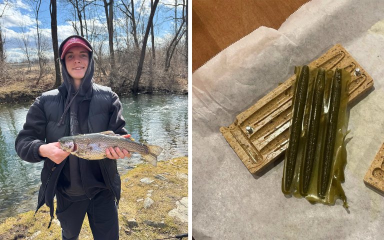 A high school angler with a rainbow trout; a biodegradable lure fresh out of a mold.